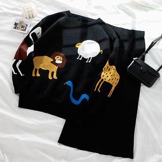 Long-sleeve Animal Embroidered Sweater / High-waist Knit Skirt