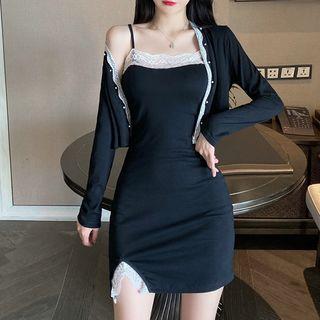 Set: Spaghetti-strap Lace Trim Mini Sheath Dress + Cardigan