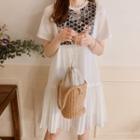 Embroidered-panel Pleated-hem Dress White - One Size