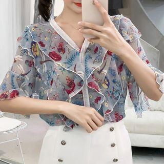 Floral Print Elbow-sleeve V-neck Ruffle Chiffon Blouse