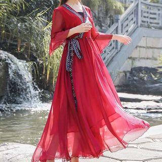 Traditional Chinese 3/4-sleeve Embroidered Trim A-line Midi Dress