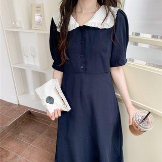 Short-sleeve Contrast Collar A-line Midi Dress