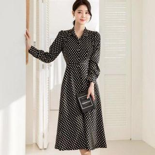 Mandarin-collar Dotted Midi Dress