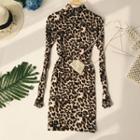 Long-sleeve Mock Neck Leopard Print Mini Dress