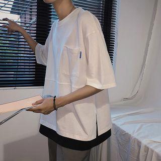 Inset Pocket-front Slit-hem Oversize Tee