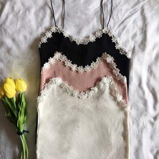 Spaghetti Strap Floral Trim Knit Top