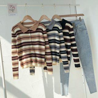 Color-block Striped Single-breasted Long-sleeve Knit Top