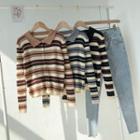 Color-block Striped Single-breasted Long-sleeve Knit Top