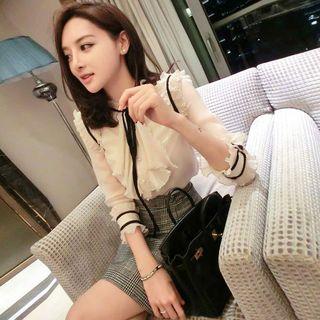 Set: Frill Trim Blouse + Plaid A-line Skirt