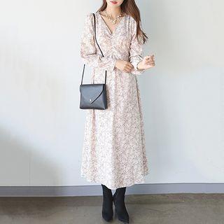 V-neck Shirred Floral Long Flare Dress