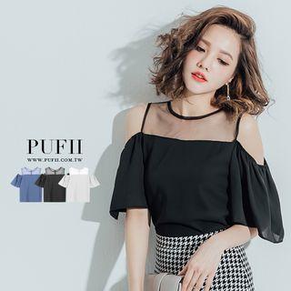 Mesh Panel Cut-out Shoulder Top