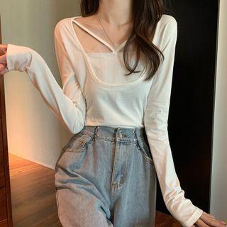 Long-sleeve Strappy Mesh Panel T-shirt