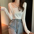 Long-sleeve Strappy Mesh Panel T-shirt