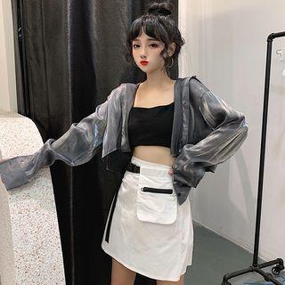 Metallic Long-sleeve Crop Shirt / High-waist Slim-fit Skirt