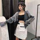 Metallic Long-sleeve Crop Shirt / High-waist Slim-fit Skirt