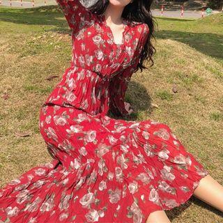Long-sleeve Crinkled Floral A-line Midi Dress