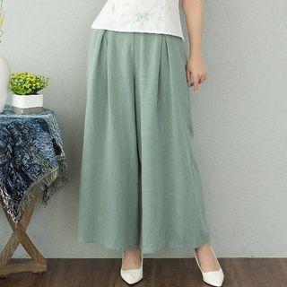 Linen Wide-leg Pants Light Green - One Size
