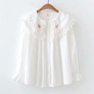 Long-sleeve Peter Pan-collar Lace Blouse White - One Size