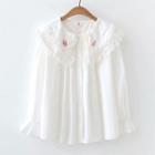 Long-sleeve Peter Pan-collar Lace Blouse White - One Size