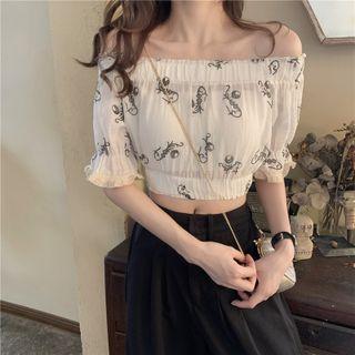 Retro Print Lace-trim Crop Blouse