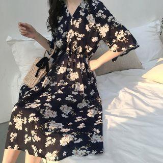 Floral V-neck Short-sleeve Chiffon Dress