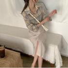 Plaid Long-sleeve Shirt / Plain Midi Straight-fit Skirt