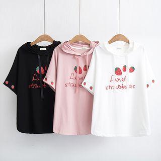 Short-sleeve Strawberry Print Hooded T-shirt