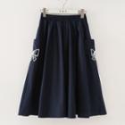 Bow Embroidered Midi A-line Skirt Navy Blue - One Size