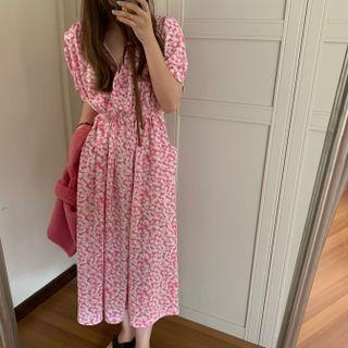Short-sleeve Floral Midi A-line Dress Pale Pink Flower - Pink - One Size