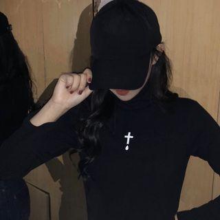 Print Turtle-neck Long-sleeve Slim-fit T-shirt Black - One Size