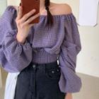 Off-shoulder Plaid Lantern-sleeve Top As Shown In Figure - One Size