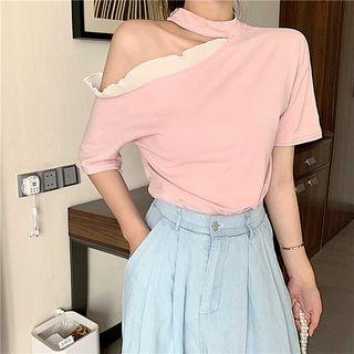 Off-shoulder Ruffle-trim Short-sleeve T-shirt As Shown In Figure - One Size