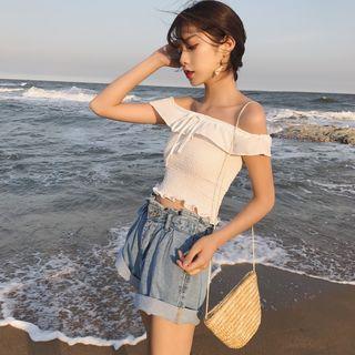 Plain Off Shoulder Short Sleeve Cropped Top