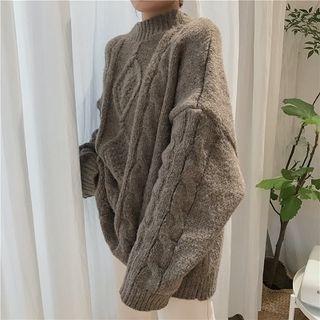 Plain Mock-neck Long-sleeve Sweater Gray - One Size