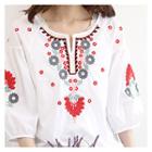 Puff-sleeve Floral Embroidered Top