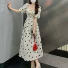 Puff-sleeve Square Neck Heart Print Maxi A-line Dress