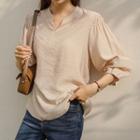 Open-placket Paneled Puff-sleeve Blouse