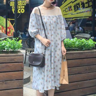 Floral Print 3/4-sleeve Midi Dress Floral - Light Blue - One Size
