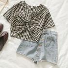 Plaid V-neck Short Sleeve Top