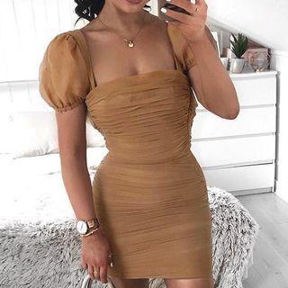 Square Collar Mesh Ruched Dress