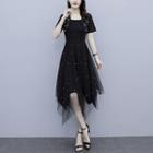 Short-sleeve Mesh Asymmetric A-line Dress