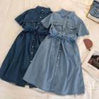 Plain Single-breasted Short-sleeve Denim Dress