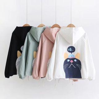 Cat Print Hooded Button Jacket