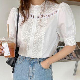 Short-sleeve Lace Panel Cutout Blouse As Shown In Figure - One Size