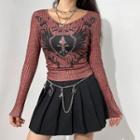 Long Sleeve V-neck Tie-dyed Wings Printed T-shirt