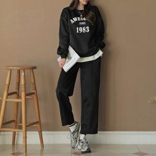 Set: Letter Sweatshirt + Pintuck Wide-leg Pants