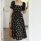 Short-sleeve Square Neck Bow Print A-line Midi Dress