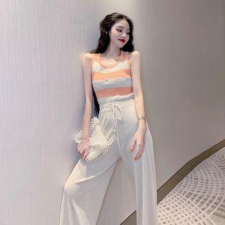 Striped Summer-knit Tank Top / Wide-leg Pants