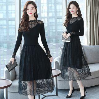 Long-sleeve Lace Panel A-line Midi Knit Dress