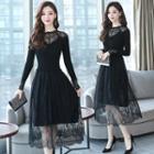 Long-sleeve Lace Panel A-line Midi Knit Dress